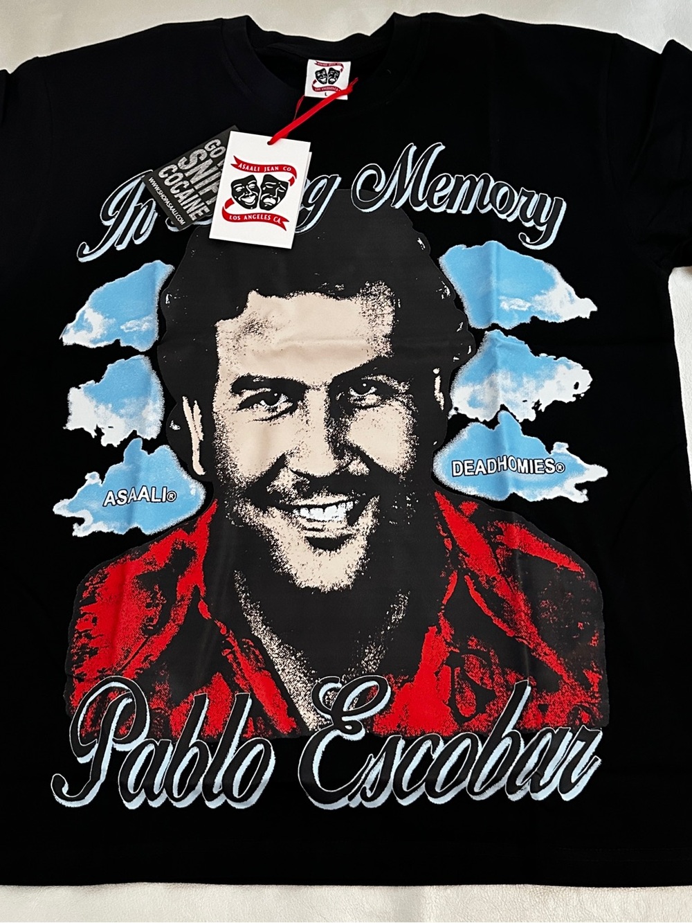 Pablo Escobar Graphic Short Sleeve Tee - Black with Red & Light Blue Print